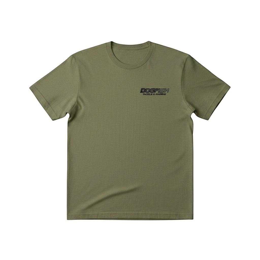 Dogfish Tackle & Marine olive green poly cotton jersey short sleeve t-shirt with multi fish badge logo on chest.