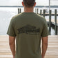 Dogfish Tackle & Marine olive green heather short sleeve t-shirt with skeleton fish graphic and tagline "Put some backbone into it."