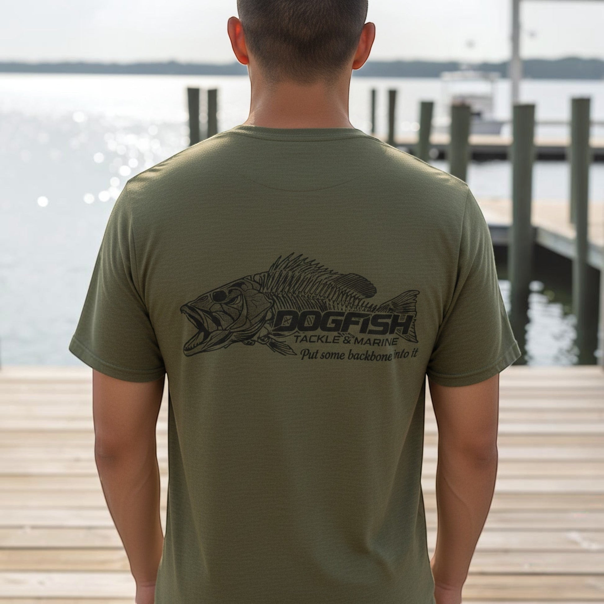Dogfish Tackle & Marine olive green heather short sleeve t-shirt with skeleton fish graphic and tagline "Put some backbone into it."
