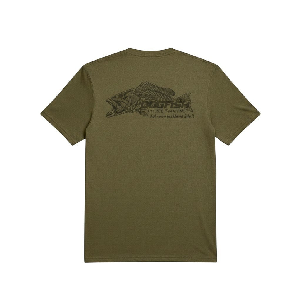 Dogfish Tackle & Marine olive green short sleeve t-shirt with skeleton fish graphic and tagline "Put some backbone into it."