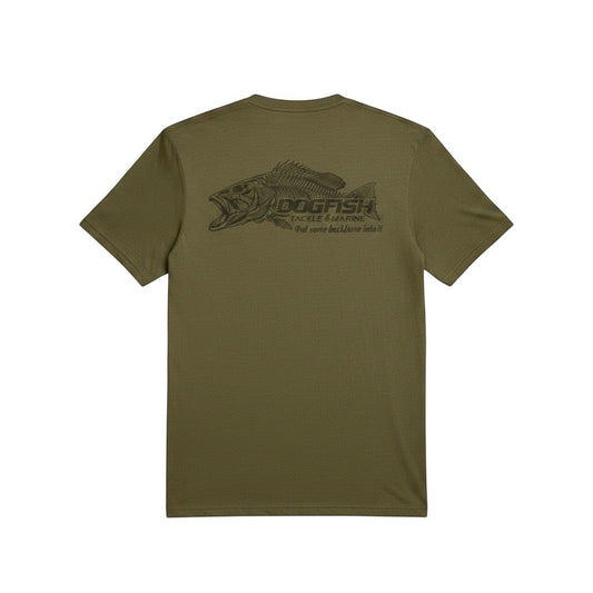 Dogfish Tackle & Marine olive green short sleeve t-shirt with skeleton fish graphic and tagline "Put some backbone into it."