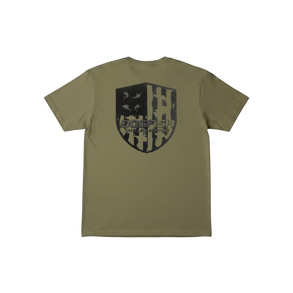 Dogfish Tackle & Marine short sleeve olive green poly cotton t-shirt with shield logo featuring fish and brand name.