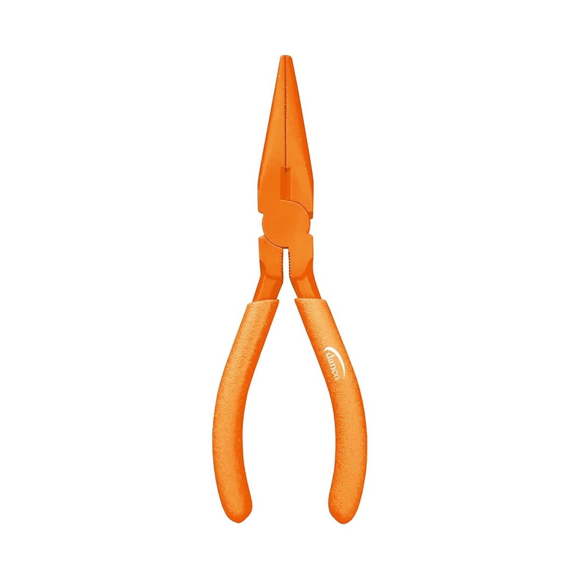 Dogfish Tackle & Marine 6 inch orange carbon steel needle nose fishing pliers with slip-resistant PVC dipped handles.