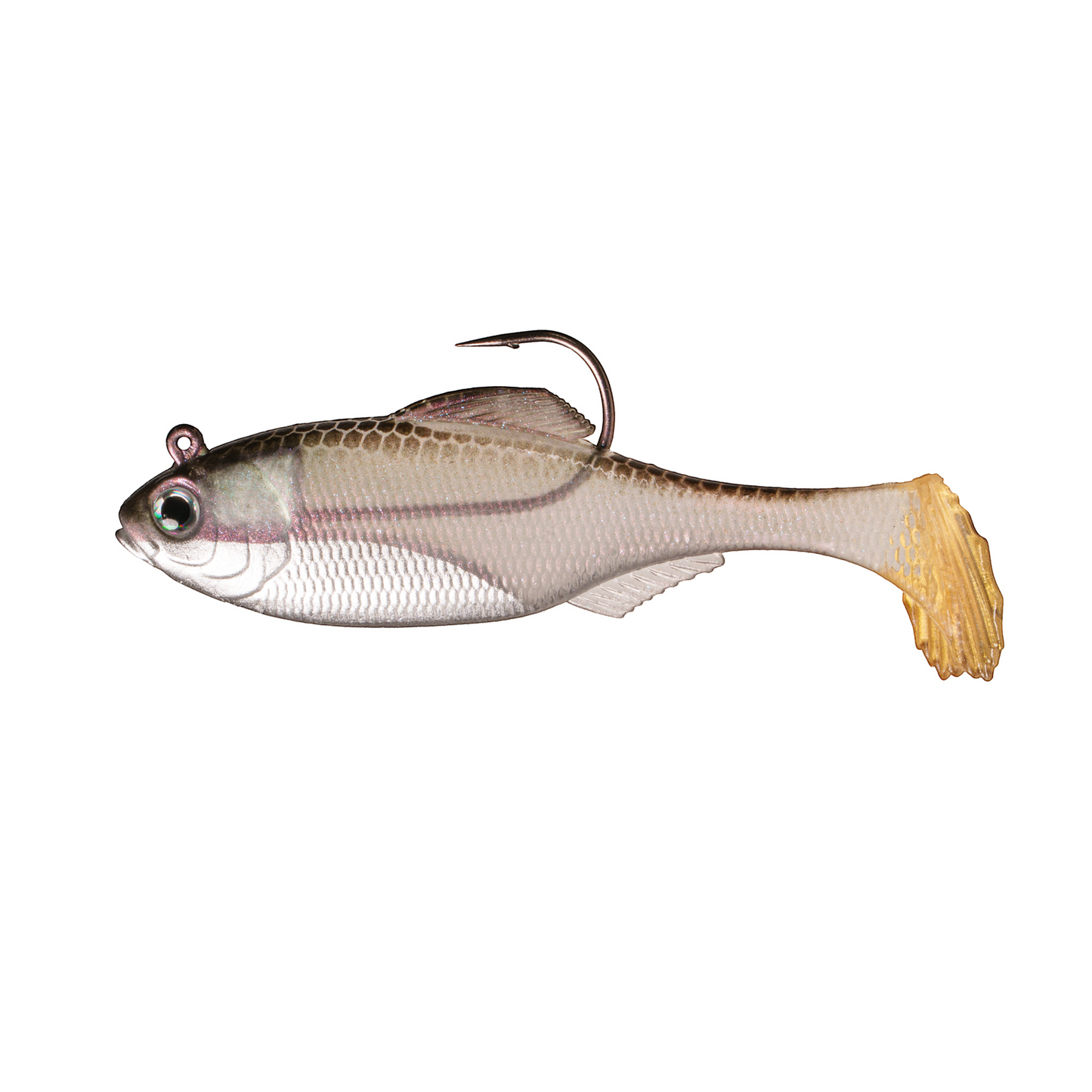 Dogfish Tackle & Marine 6th Sense Panorama Rigged Swimbait with realistic silver body and gold tail-kicking paddle