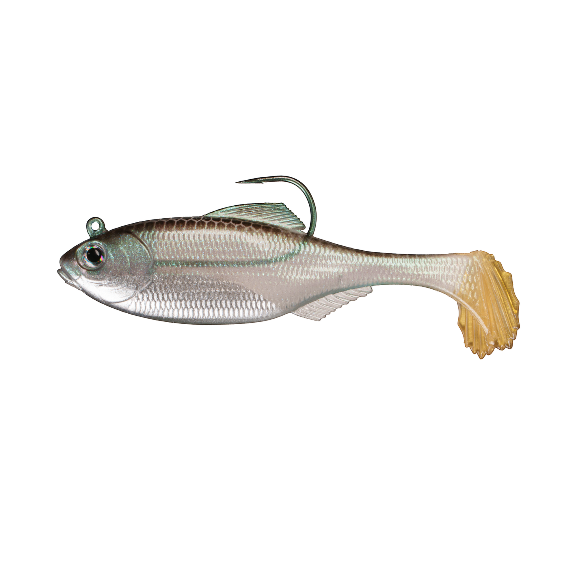 Dogfish Tackle & Marine 6th Sense Panorama Rigged Swimbait with silver body and yellow tail on a white background