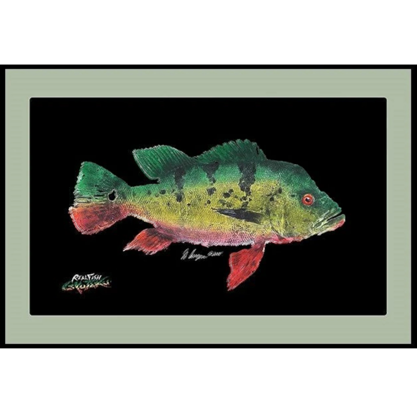 Dogfish Tackle & Marine Realfish floor mat featuring a colorful peacock bass Gyotaku fish rubbing on a black background