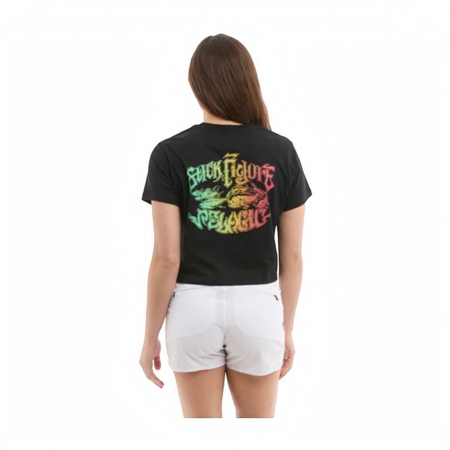 Dogfish Tackle & Marine black cropped t-shirt with colorful "Stick Figure Pelagic" graphic on back. 60% organic cotton, 40% recycled polyester.