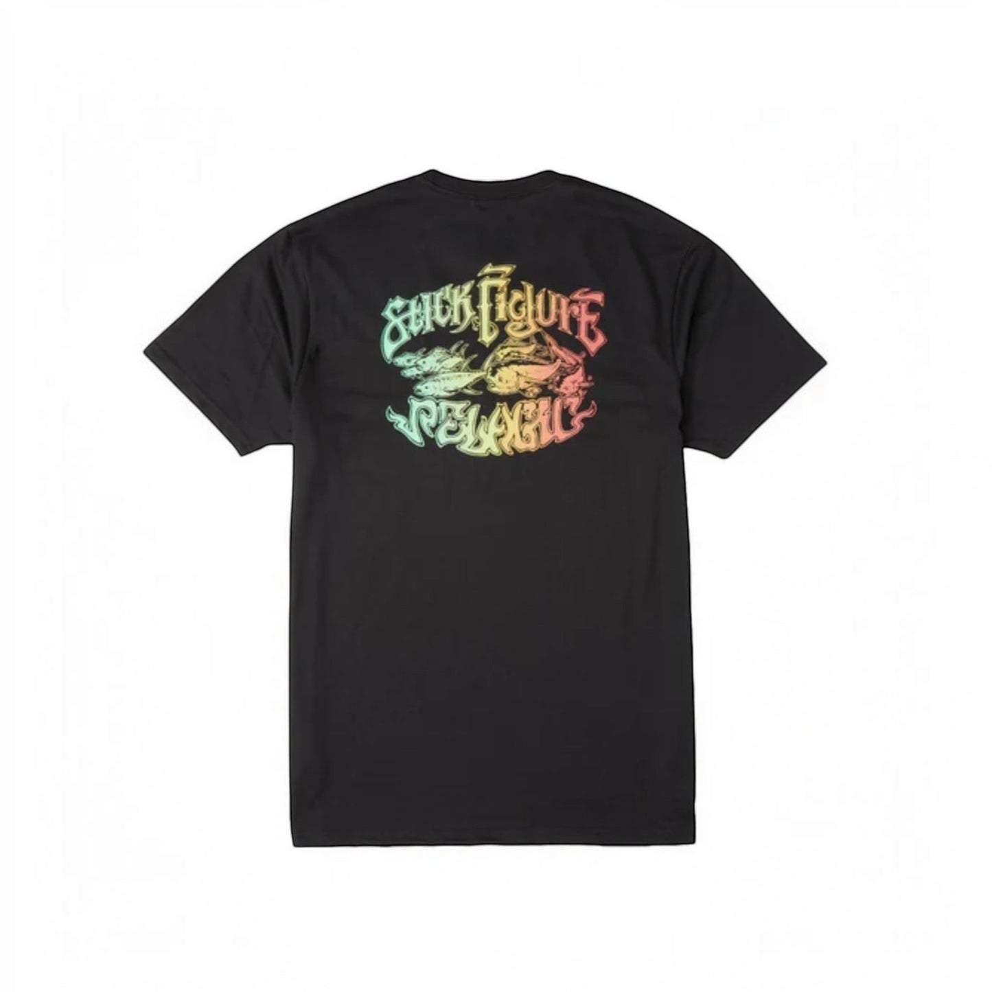 Dogfish Tackle & Marine black cotton poly t-shirt with colorful "Stick Figure Pelagic" graphic on back.