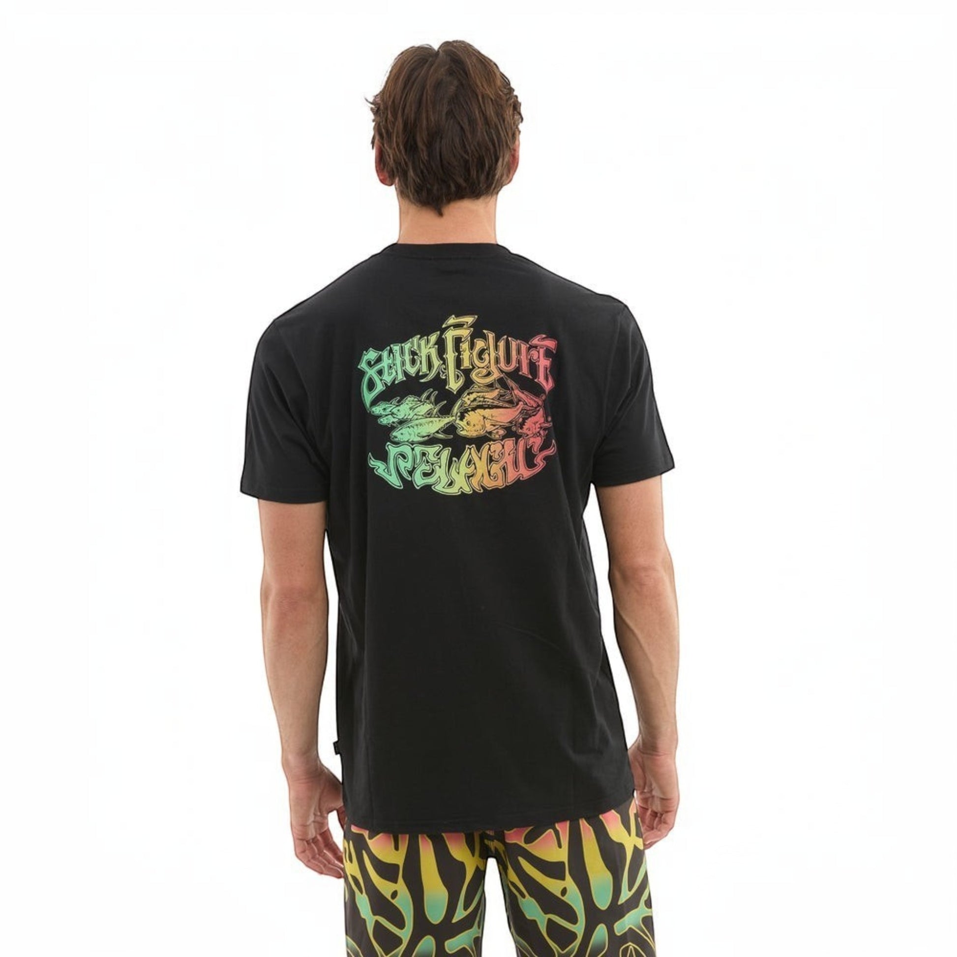 Dogfish Tackle & Marine black cotton-poly t-shirt with colorful "Stick Figure Pelagic" graphic on back.