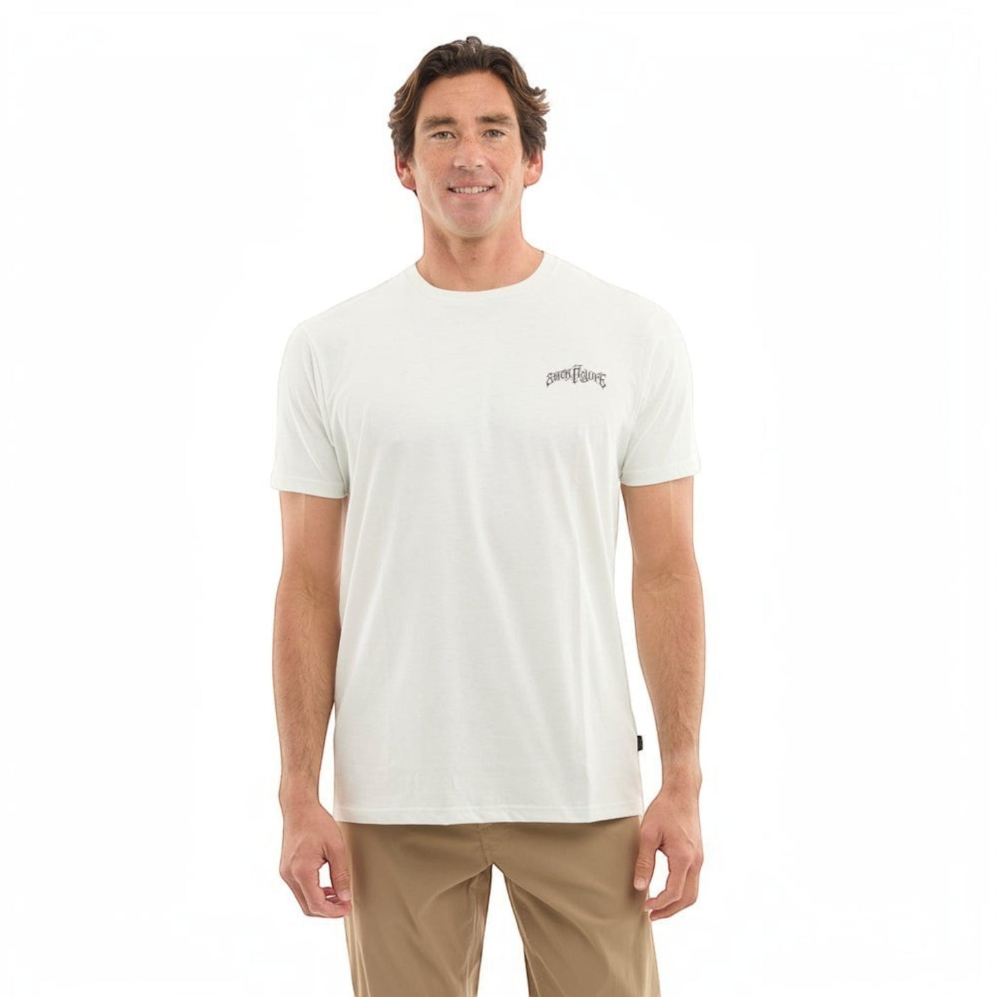 Dogfish Tackle & Marine light grey short-sleeve t-shirt made of 60% cotton and 40% polyester with a small graphic logo on the chest.