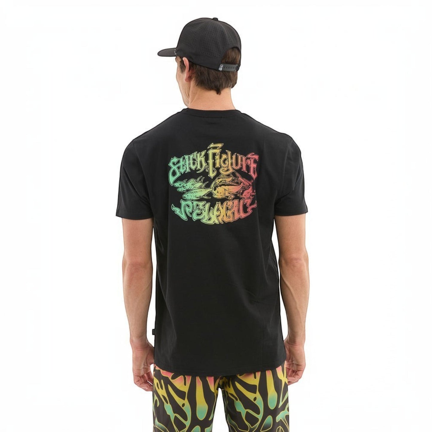 Dogfish Tackle & Marine black cotton poly t-shirt with colorful "Stick Figure Pelagic" graphic on back. Modern fit.