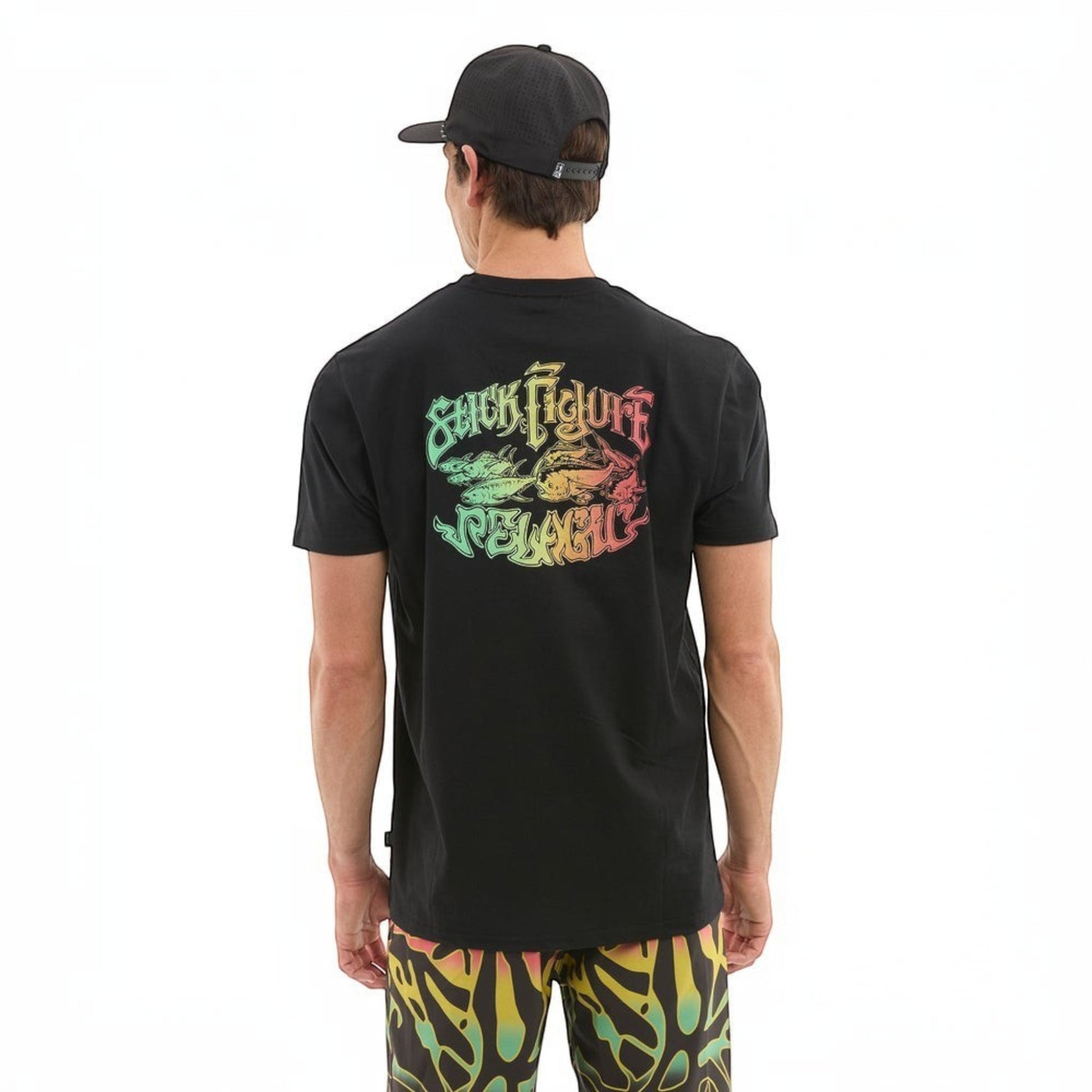 Dogfish Tackle & Marine black cotton poly t-shirt with colorful "Stick Figure Pelagic" graphic on back. Modern fit.