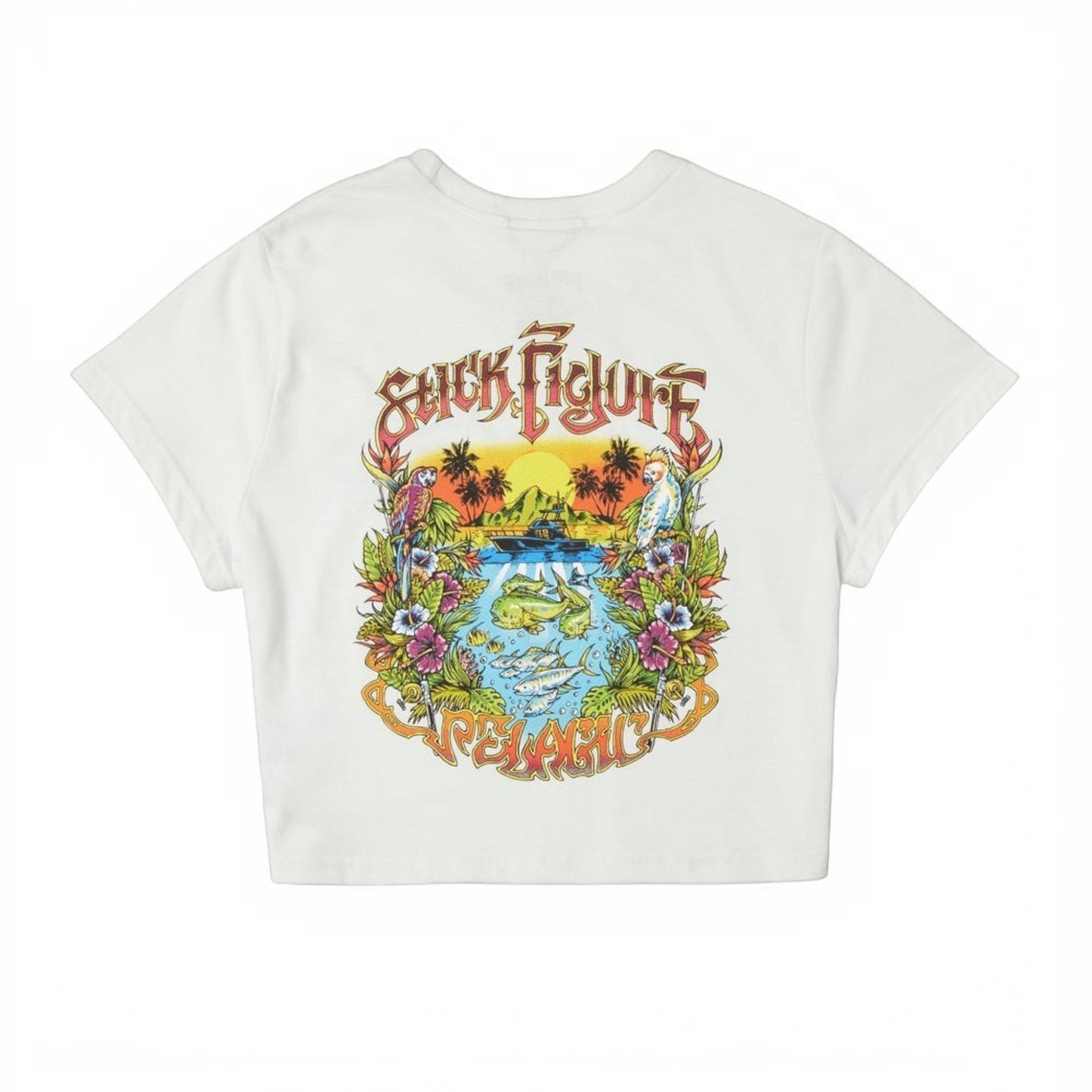 Dogfish Tackle & Marine white cropped t-shirt with a colorful graphic of a tropical scene, parrots, fish, and palm trees. Made of 60% organic cotton and 40% recycled polyester.