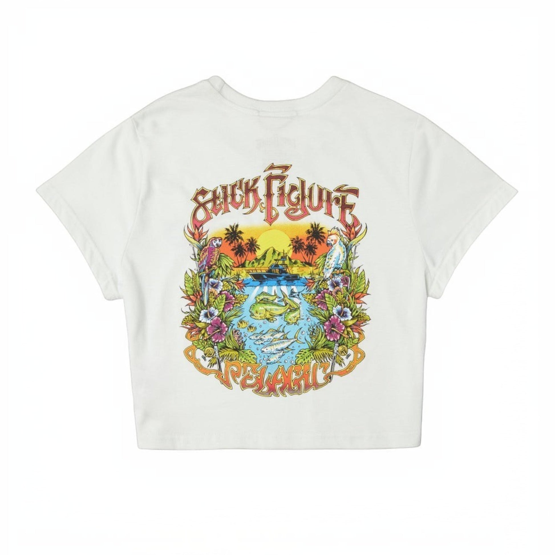 Dogfish Tackle & Marine white cropped t-shirt with a colorful graphic of a tropical scene, parrots, fish, and palm trees. Made of 60% organic cotton and 40% recycled polyester.