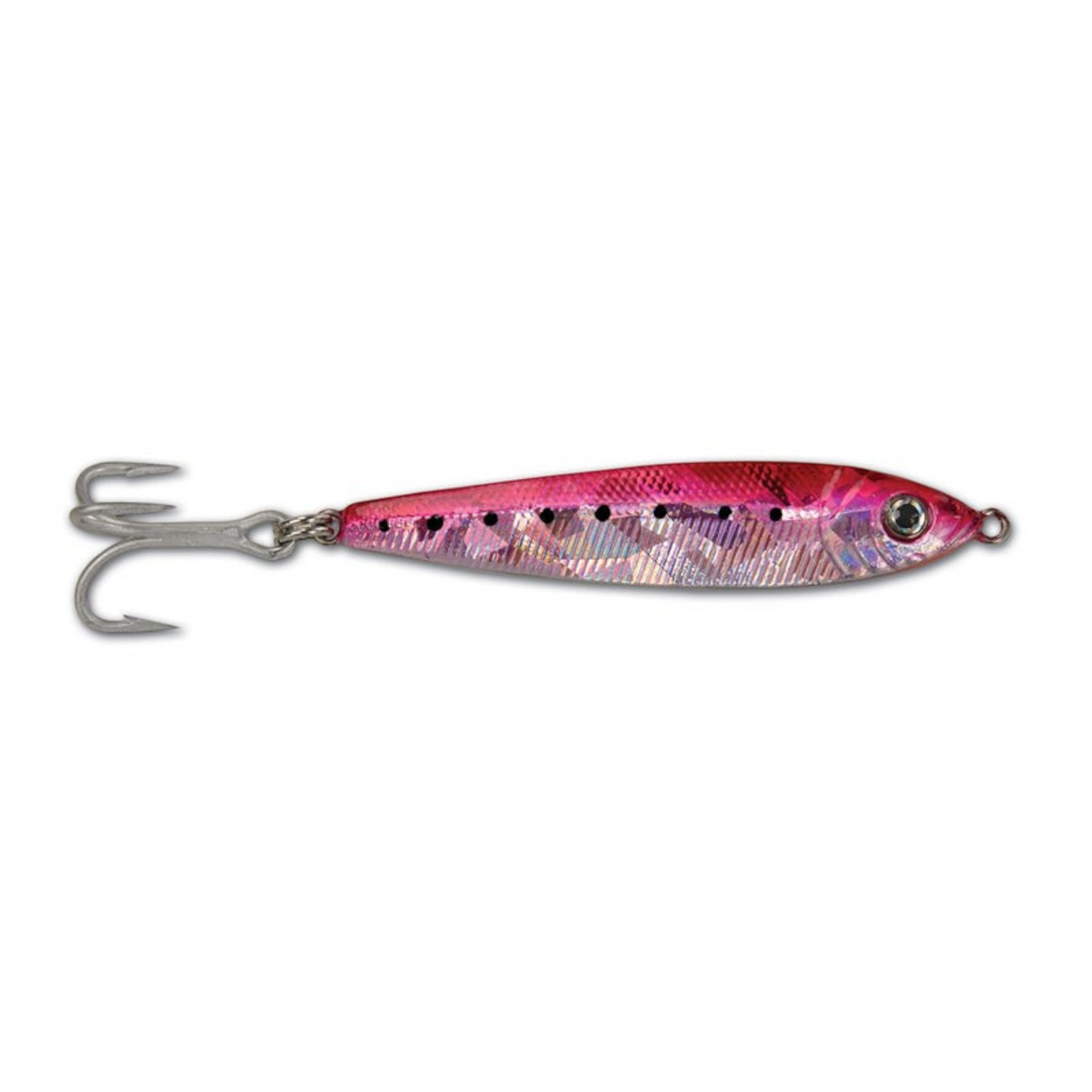 Dogfish Tackle & Marine Got-Cha Jigfish lure in pink with holographic scales and a sharp treble hook