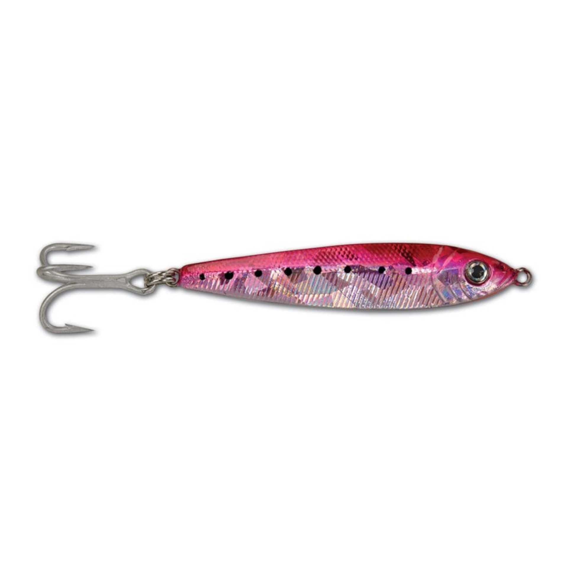 Dogfish Tackle & Marine Got-Cha Jigfish lure in pink with holographic scales and a sharp treble hook