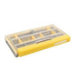 Dogfish Tackle & Marine Plano Edge 3500 utility box with a clear lid, yellow latch, and gray interior dividers.