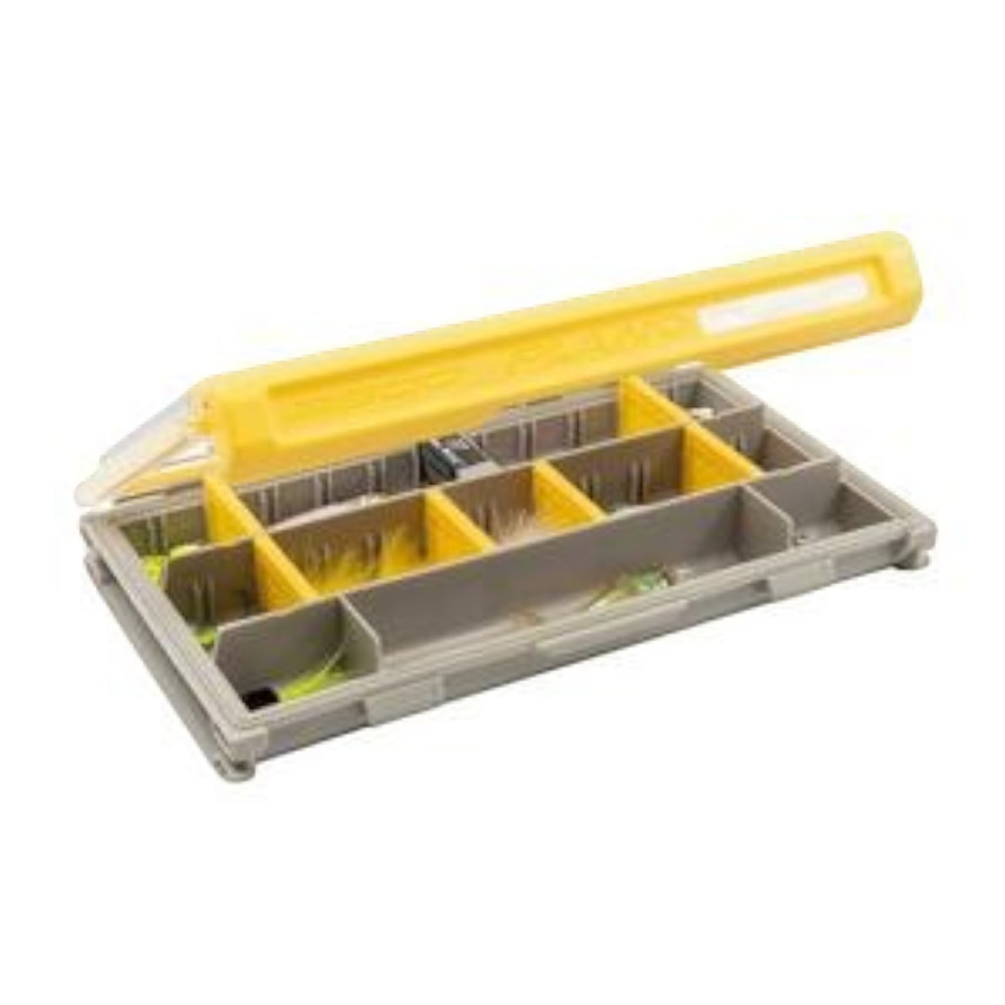 Dogfish Tackle & Marine Plano Edge 3500 utility box with gray base, yellow dividers, and clear lid for tackle storage.