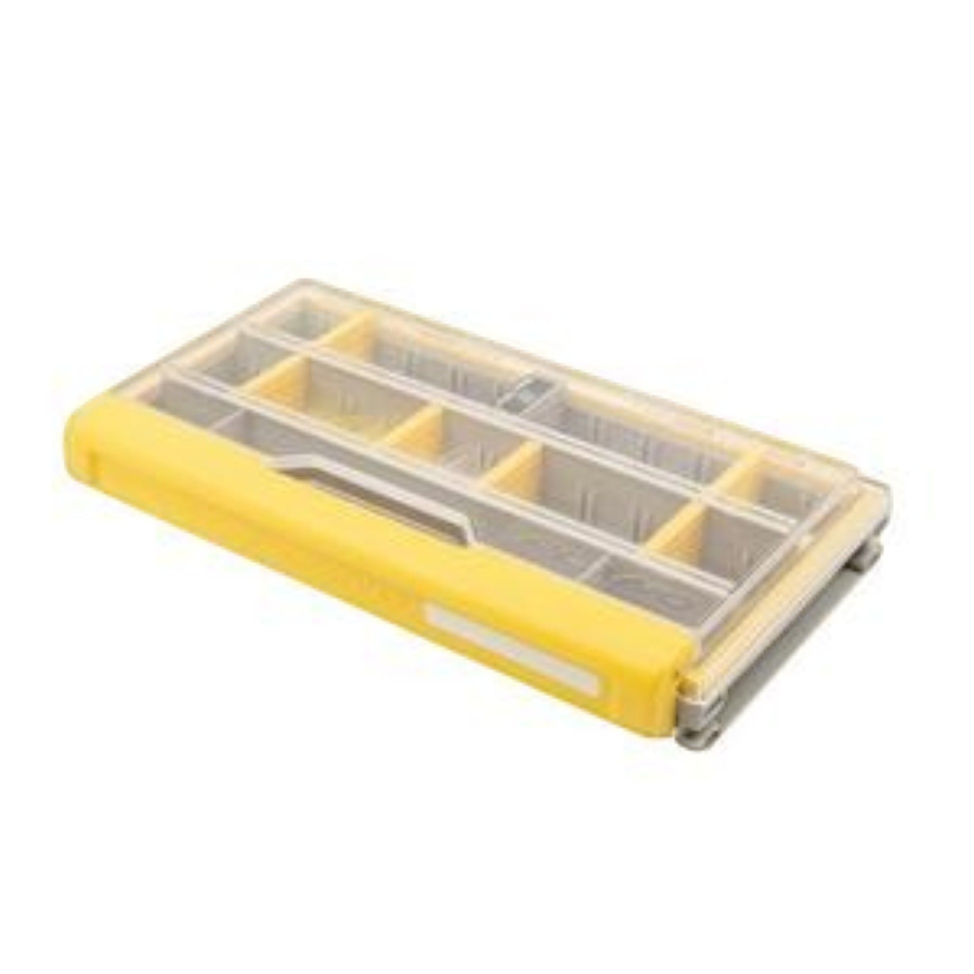 Dogfish Tackle & Marine Plano Edge 3500 utility box with a clear lid, yellow latch, and internal dividers.