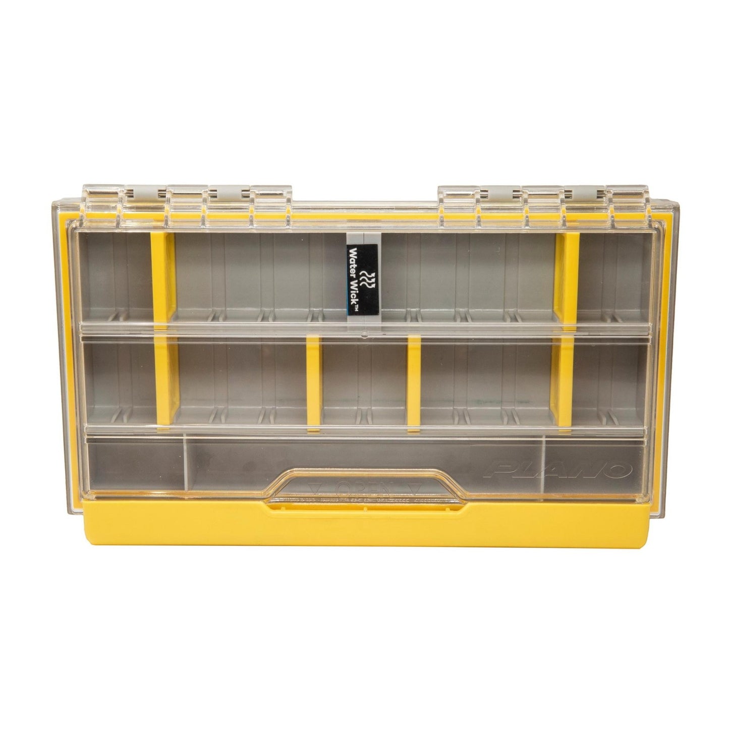 Dogfish Tackle & Marine Plano Edge 3500 utility box with clear lid, yellow base, and internal dividers for fishing gear