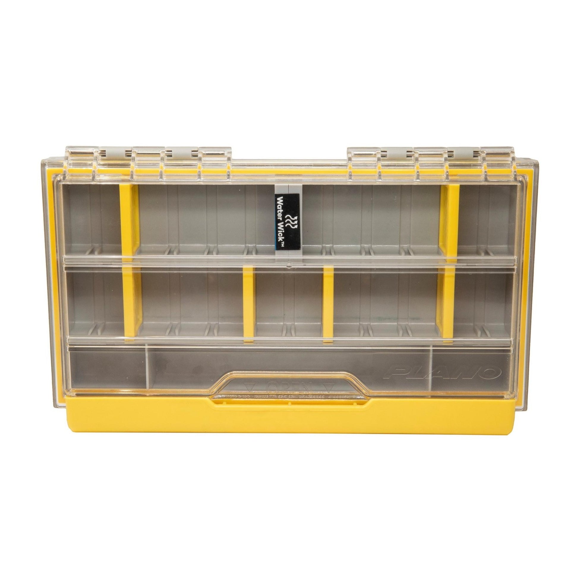 Dogfish Tackle & Marine Plano Edge 3500 utility box with clear lid, yellow base, and internal dividers for fishing gear