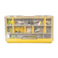 Dogfish Tackle & Marine Plano Edge 3500 utility box with clear lid, yellow base, and organized fishing lures inside.