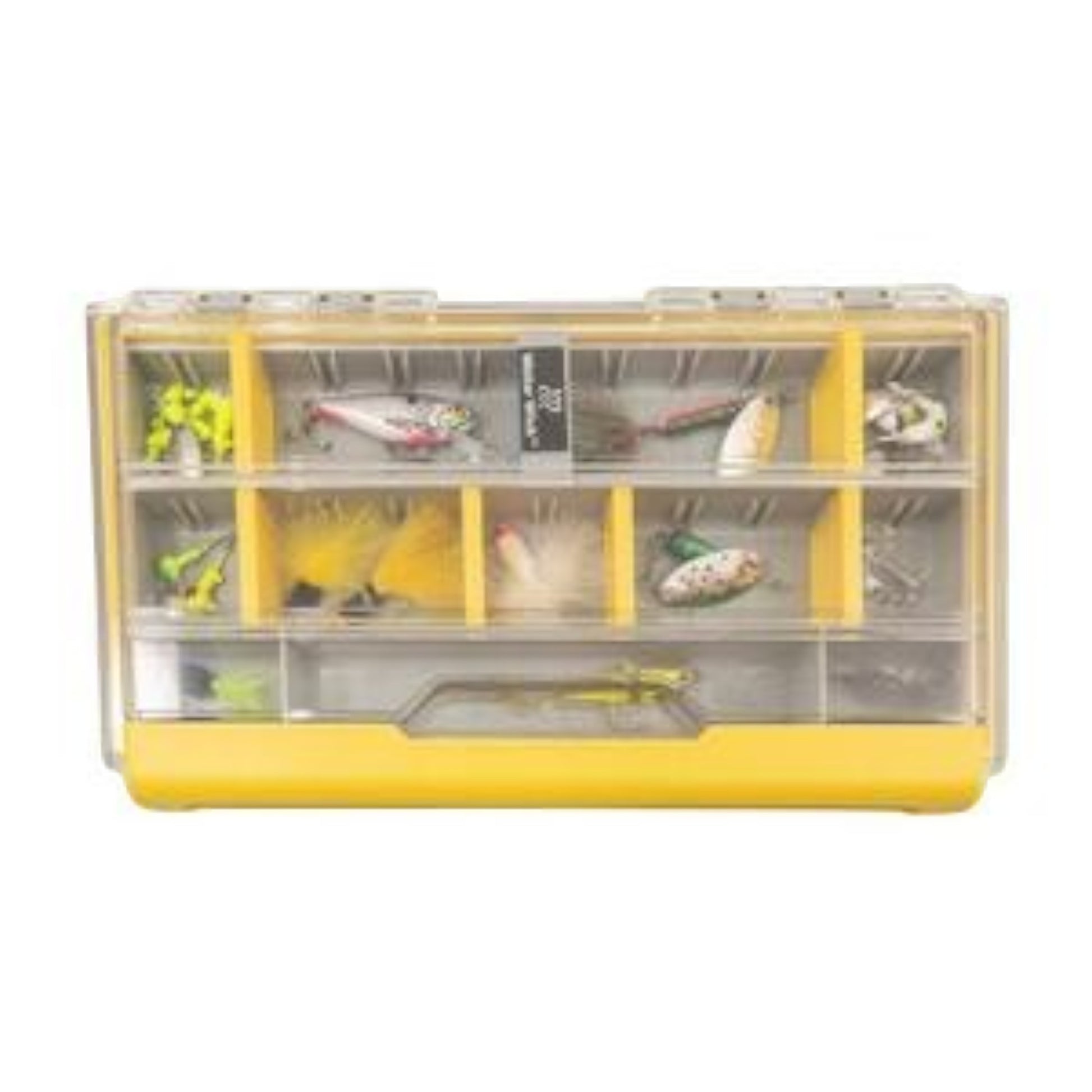 Dogfish Tackle & Marine Plano Edge 3500 utility box with clear lid, yellow base, and organized fishing lures inside.