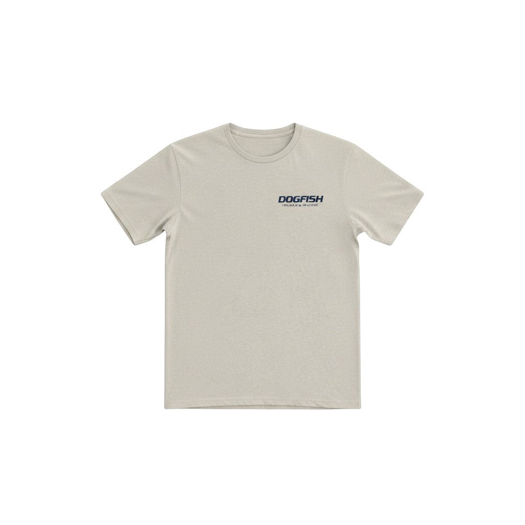 Dogfish Tackle & Marine light beige poly cotton jersey short sleeve t-shirt with crew neck and navy logo on chest.