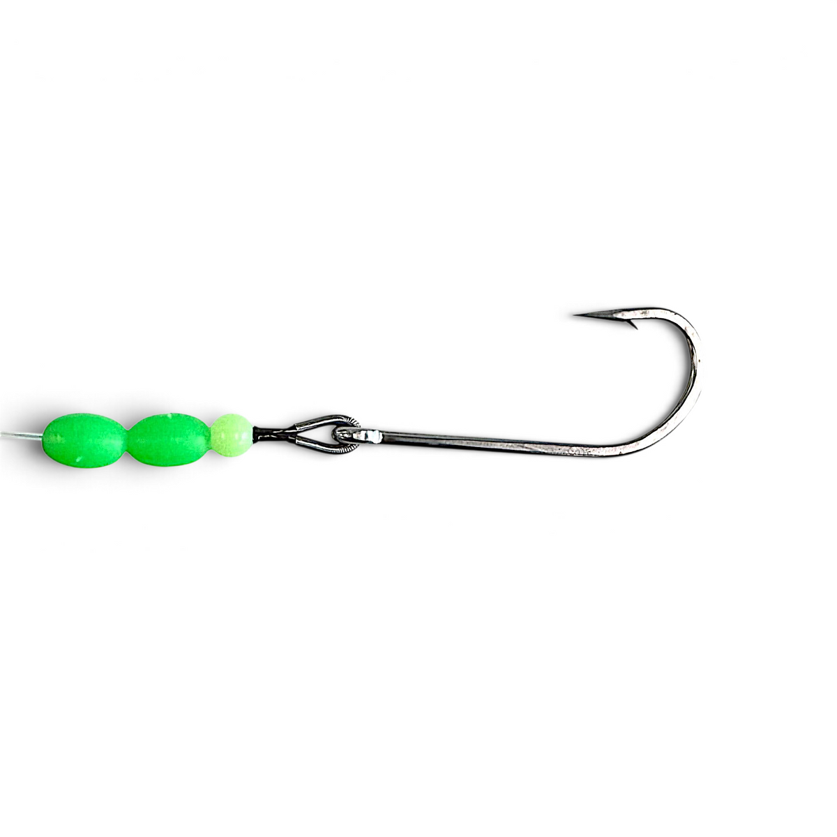 Dogfish Tackle & Marine pre-rigged trolling hook with bright green beads and stainless steel Oshaunessy hook