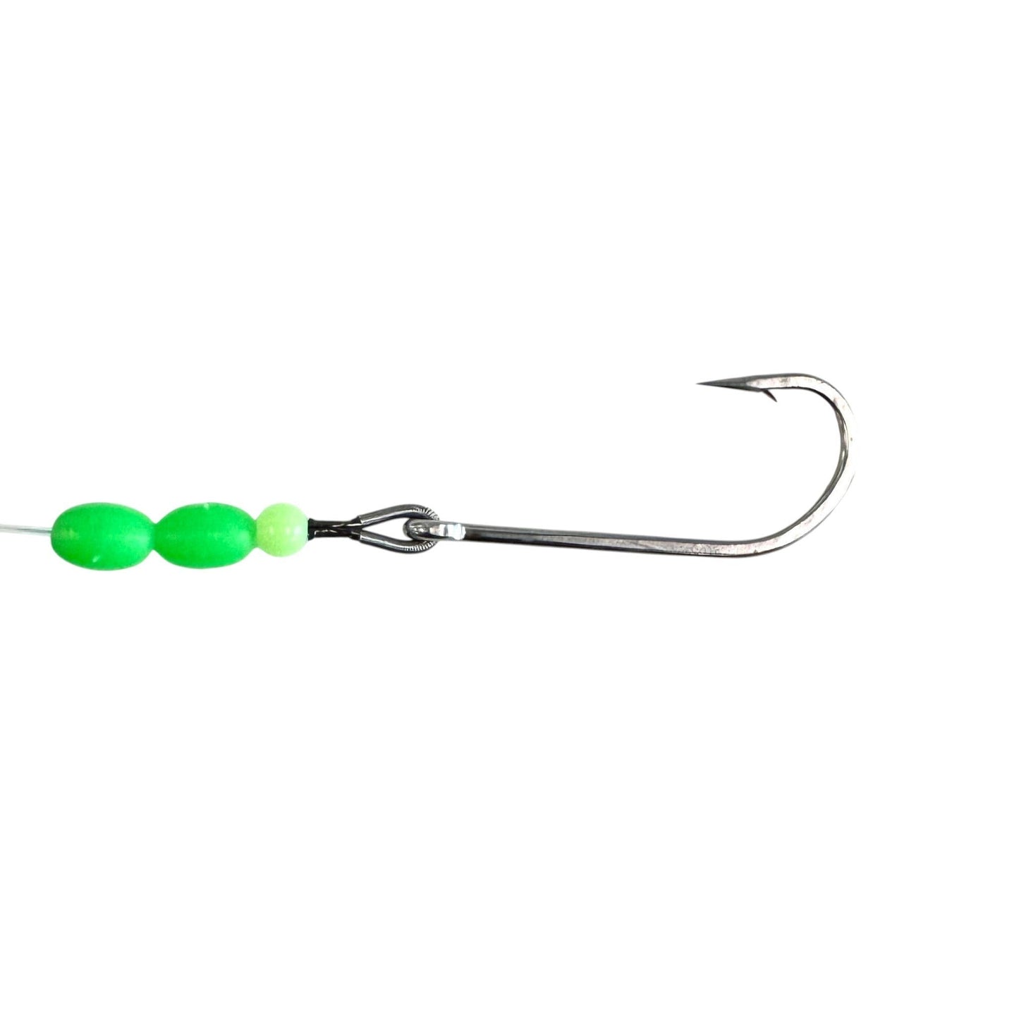 Dogfish Tackle & Marine pre-rigged trolling hook with bright green beads and stainless steel Oshaunessy hook