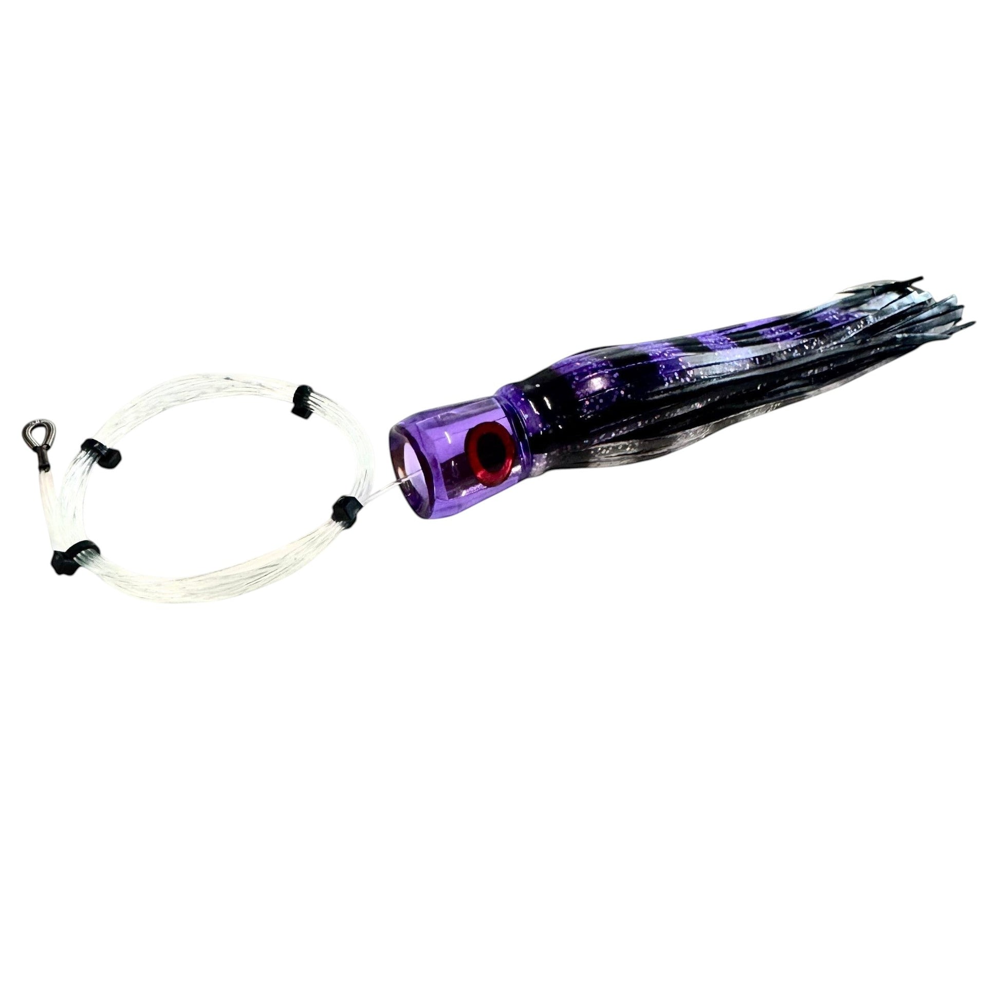 Dogfish Tackle & Marine pre-rigged purple and black chugger trolling lure with monofilament leader and stainless hook