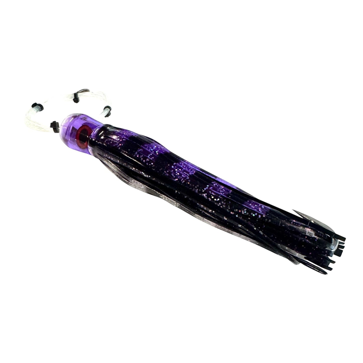 Dogfish Tackle & Marine purple and black glitter chugger trolling lure with stainless steel hook and monofilament