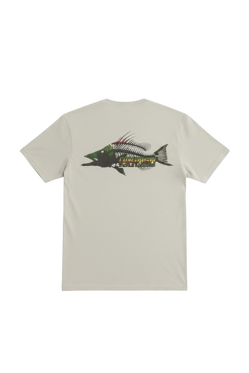 Dogfish Tackle & Marine light grey poly-cotton short sleeve t-shirt with a Rasta Hogfish logo graphic on the back.