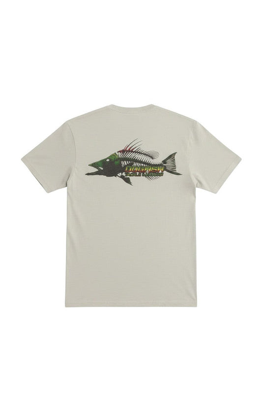 Dogfish Tackle & Marine light grey poly-cotton short sleeve t-shirt with a Rasta Hogfish logo graphic on the back.