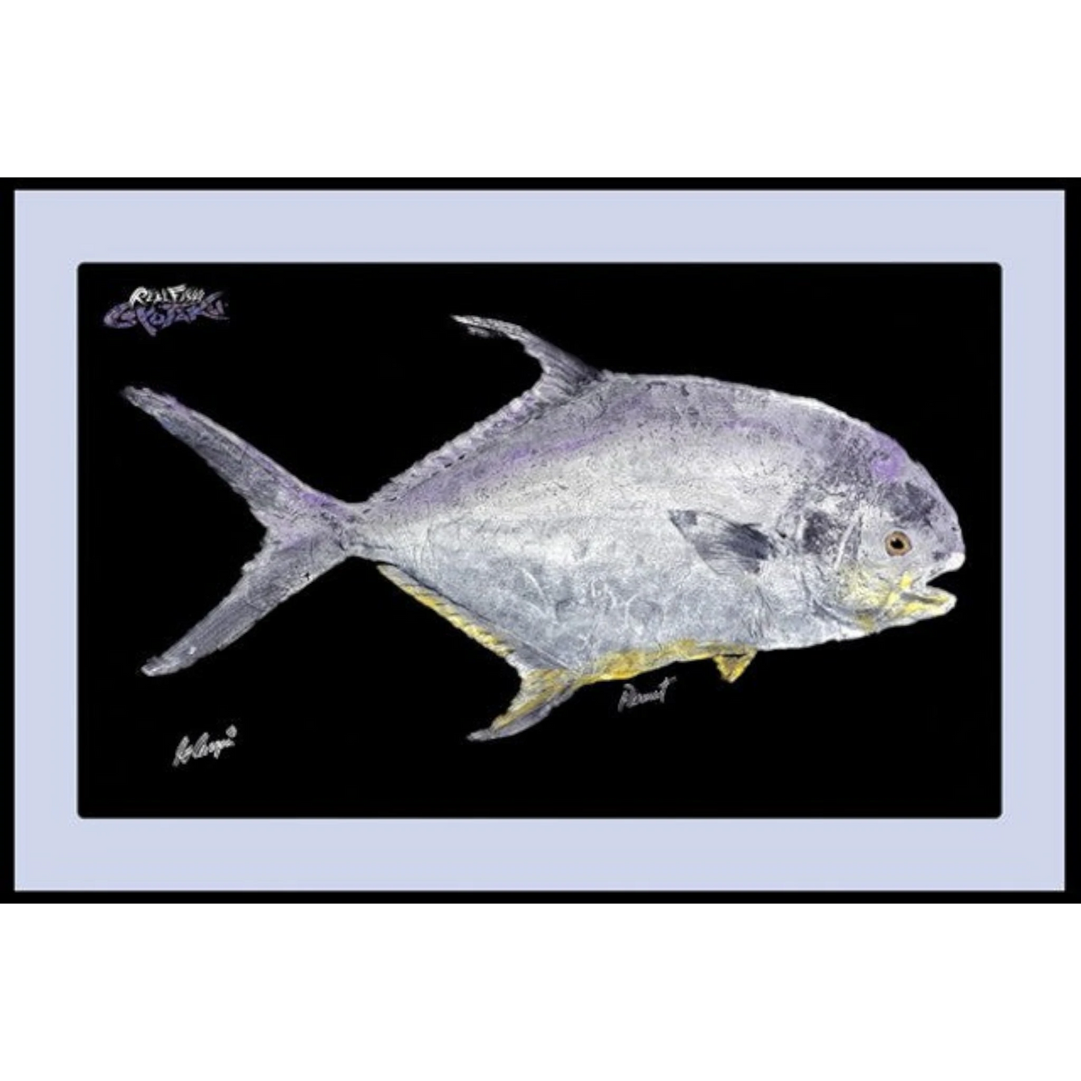 Dogfish Tackle & Marine Realfish floor mat featuring a detailed silver and yellow Gyotaku fish print on black.