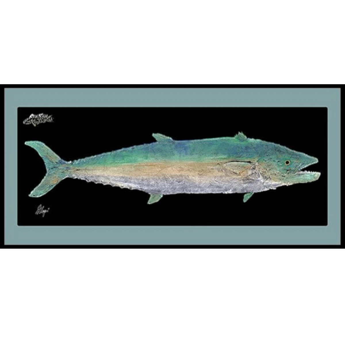 Dogfish Tackle & Marine Realfish indoor outdoor floor mat featuring a detailed Gyotaku fish print on a black background