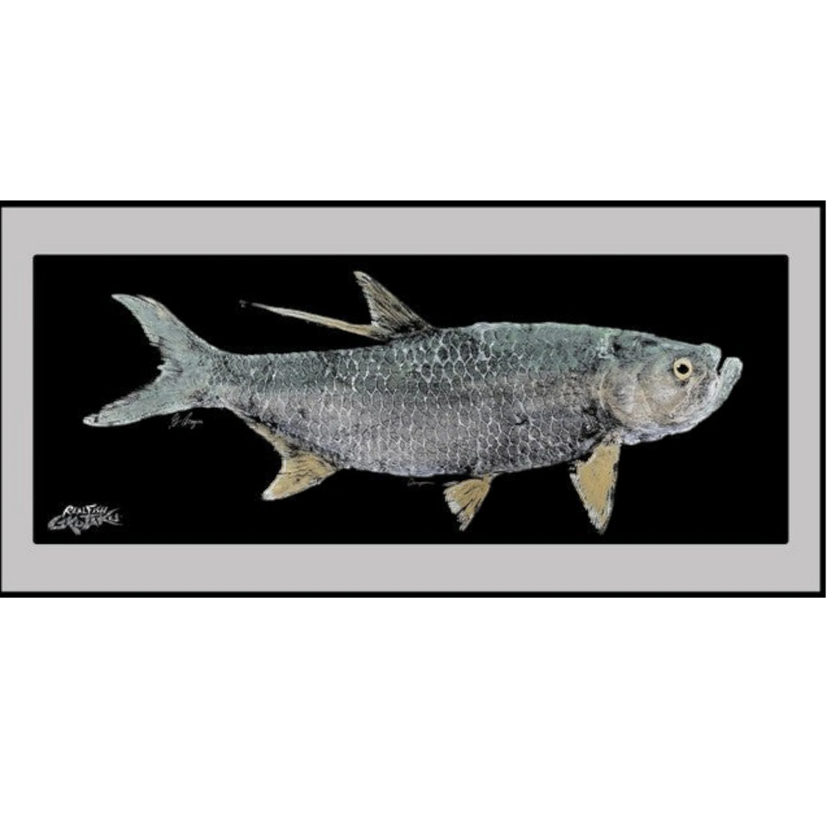 Dogfish Tackle & Marine Realfish floor mat featuring a detailed Gyotaku fish rubbing print on a black background.