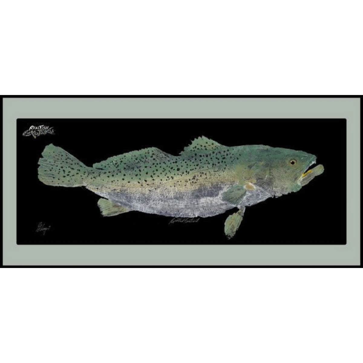 Dogfish Tackle & Marine Realfish floor mat featuring a detailed green spotted fish Gyotaku artwork on black background