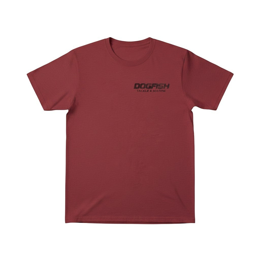 Dogfish Tackle & Marine heathered red cotton t-shirt with chest logo and compass graphic on back.