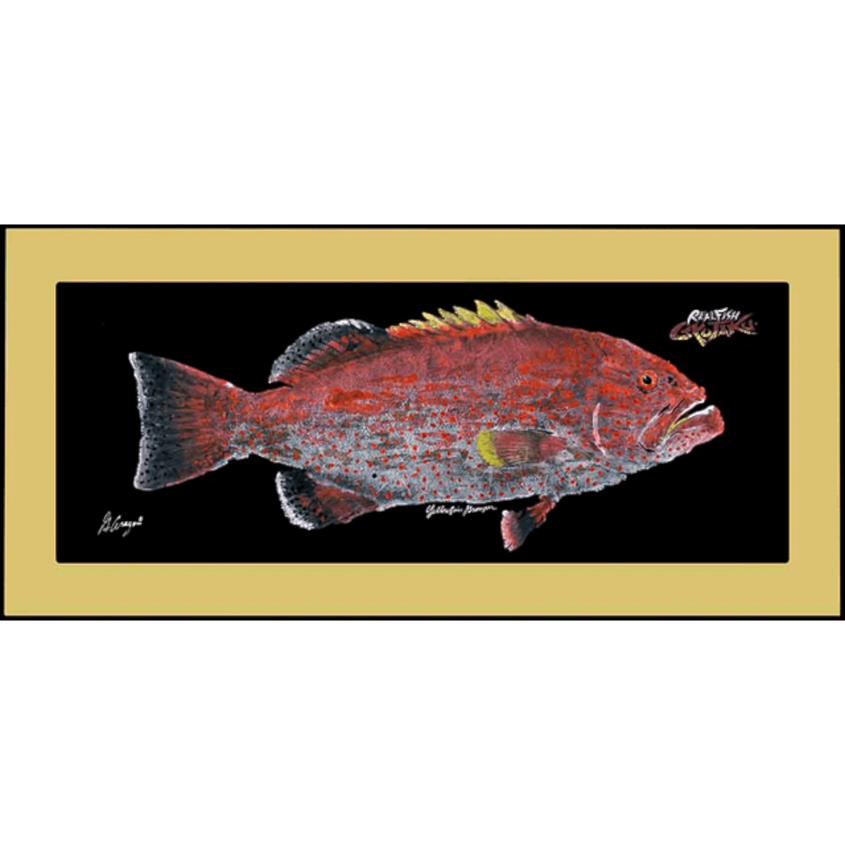 Dogfish Tackle & Marine Realfish floor mat featuring a red grouper Gyotaku fish rubbing print on a black background.