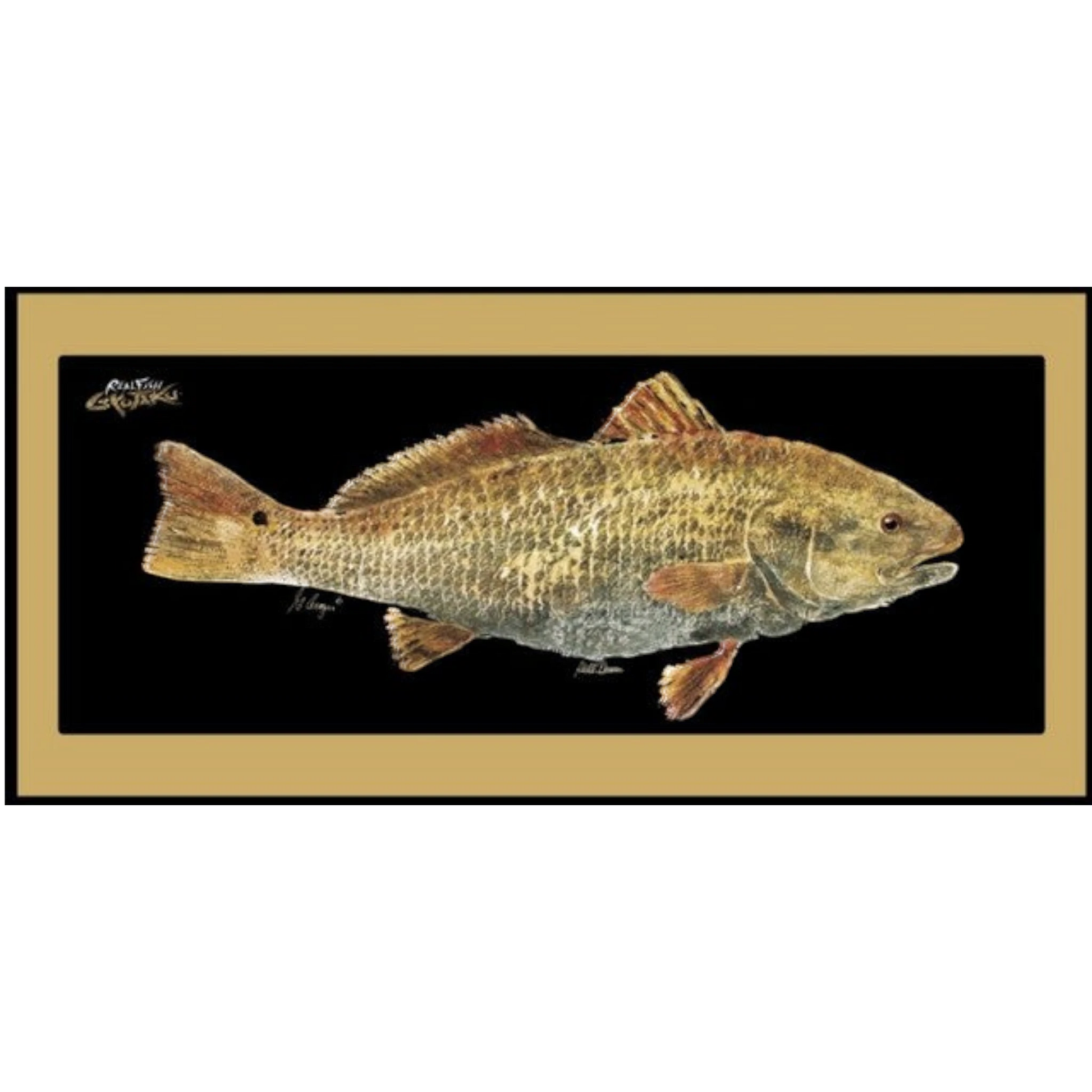 Dogfish Tackle & Marine indoor outdoor floor mat featuring a detailed Gyotaku redfish fish rubbing on a black background