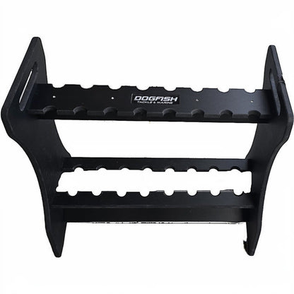 Dogfish Tackle & Marine black poly board 16-rod fishing rod rack with wide spacing for reels.