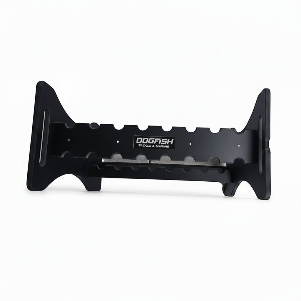 Dogfish Tackle & Marine black poly board 16-rod fishing rod rack with wide spacing for reels.