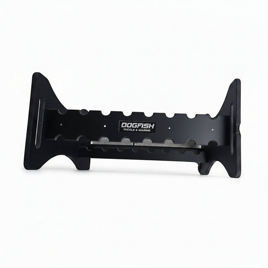 Dogfish Tackle & Marine black poly board 16-rod fishing rod rack with wide spacing for reels.