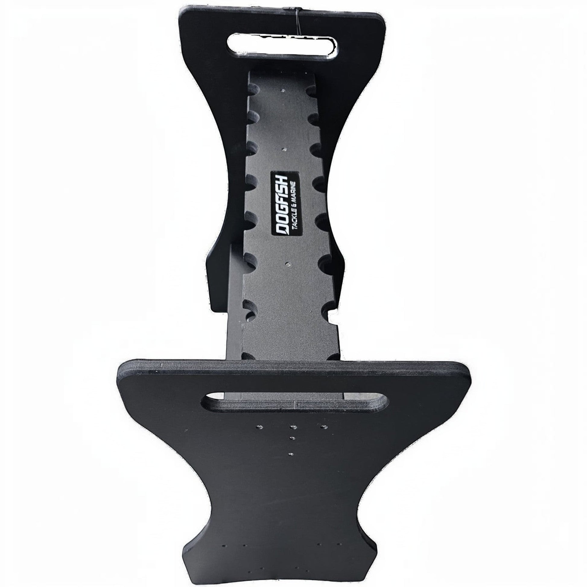 Dogfish Tackle & Marine black poly board rod rack with 16 slots and carrying handles. Ships unassembled.
