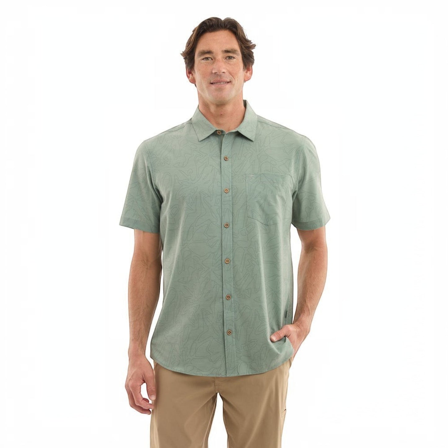 Dogfish Tackle & Marine sage green short-sleeve button-down shirt with abstract pattern, UPF 50+ protection, and recycled fabric.