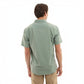 Dogfish Tackle & Marine sage green short-sleeve button-down shirt with all-over stick figure pattern. Made from recycled fabric.