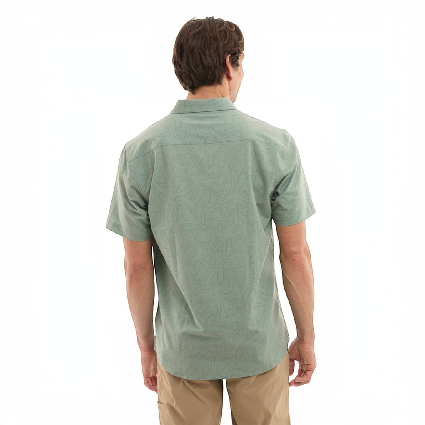 Dogfish Tackle & Marine sage green short-sleeve button-down shirt with all-over stick figure pattern. Made from recycled fabric.