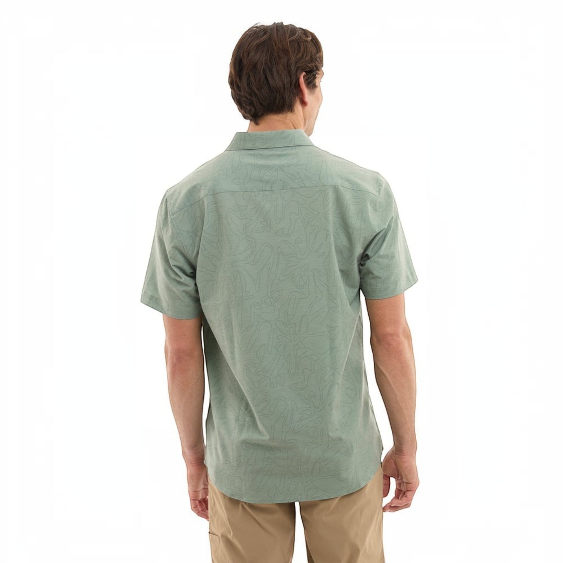 Dogfish Tackle & Marine sage green short-sleeve button-down shirt with all-over stick figure pattern. Made from recycled fabric.