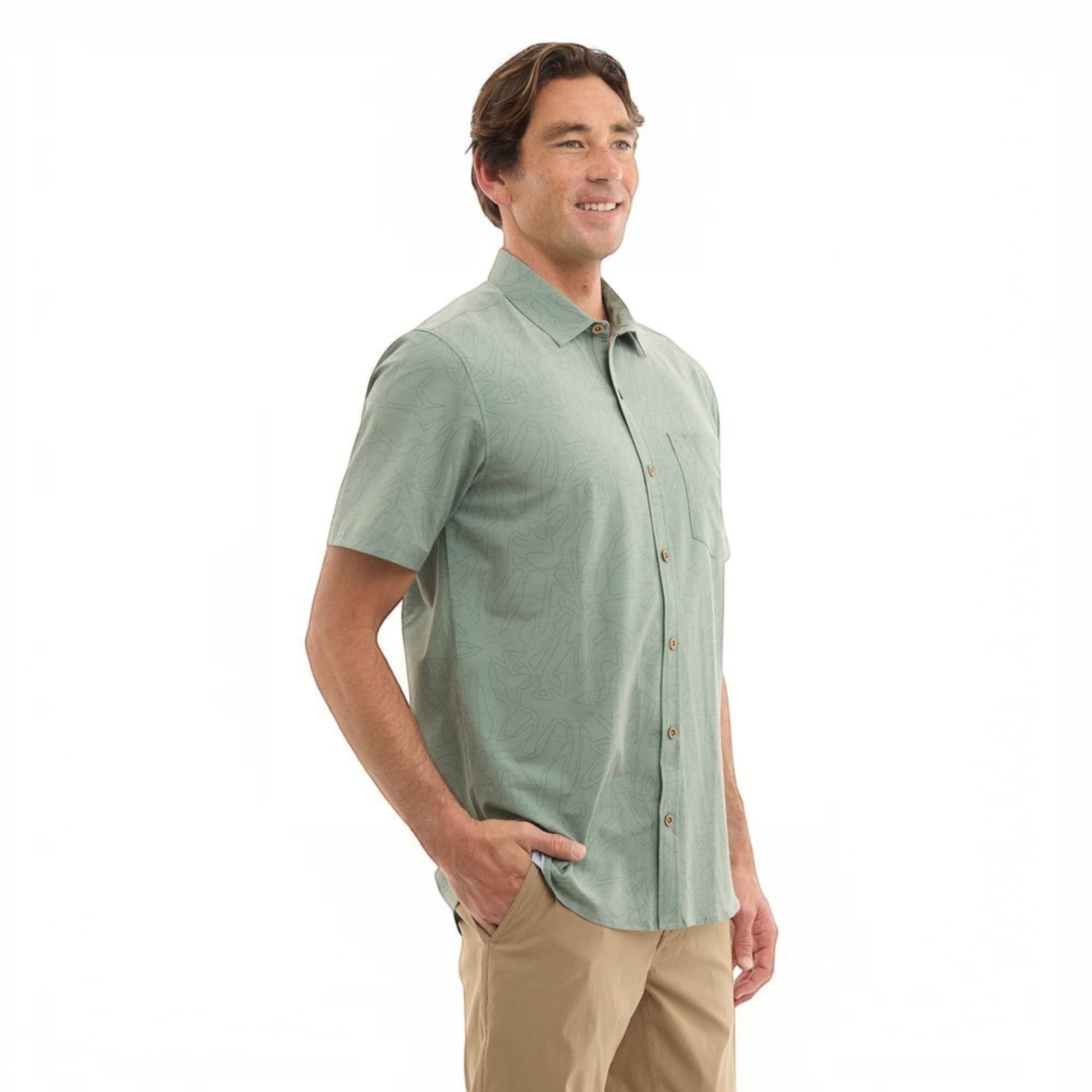 Dogfish Tackle & Marine sage green short sleeve button-down shirt with a subtle topographic map pattern. Features a chest pocket and UPF 50+ protection.